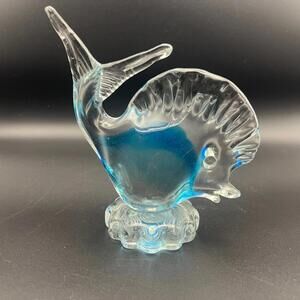 Vintage Hand Blown Blue and Clear Glass Angel Fish Paperweight Figurine